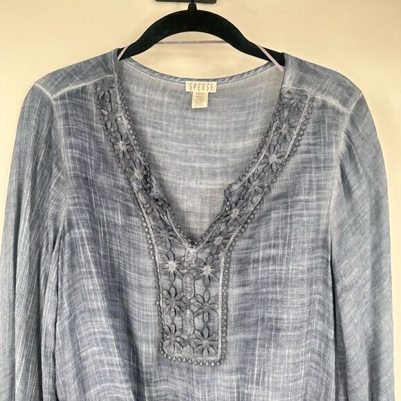 NWT Spense Women's Tie Front Embroidered Bell Sleeve Boho Top Blue Size Small - Picture 6 of 15